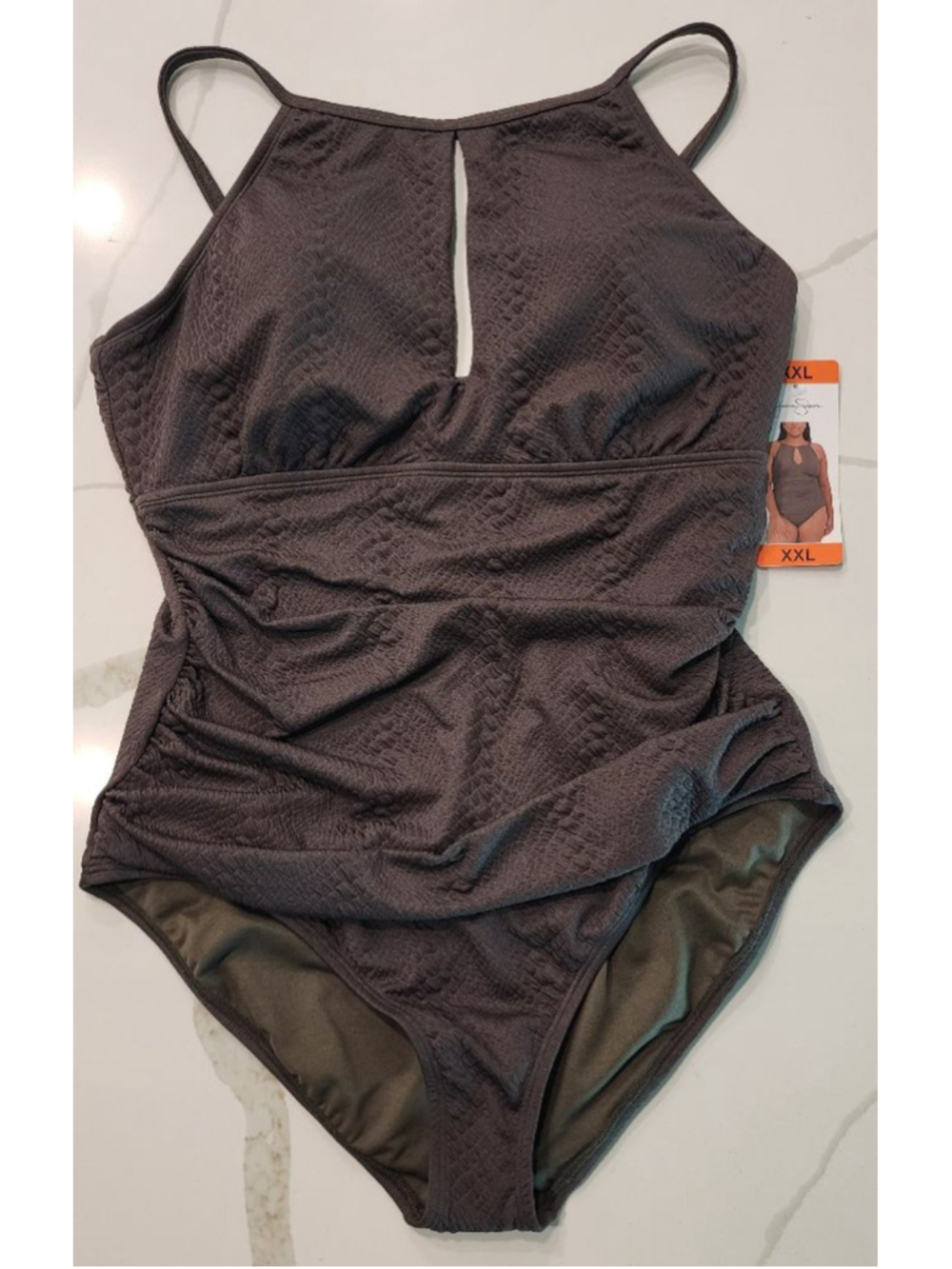 Jessica Simpson XXL Army Green One Piece Swimsuit Textured Ruched Keyhole NWT